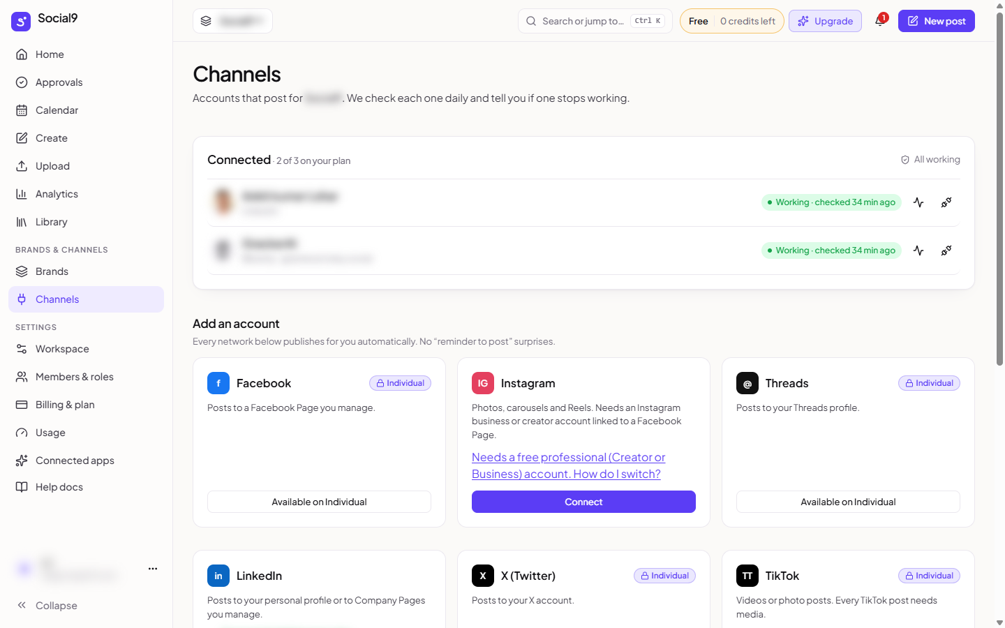 The Channels page, where every network has a card
