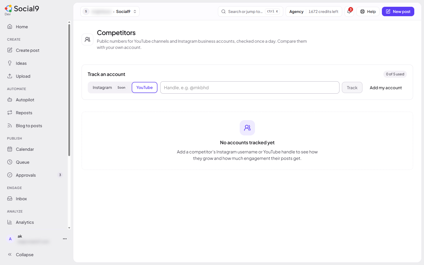 The Competitors page: a table of tracked accounts with followers, change, posts and engagement