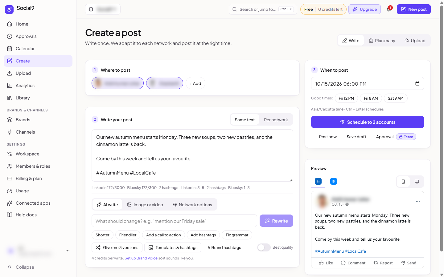 Create a post: where to post, the text box with AI write, image and network options tabs, and when to post