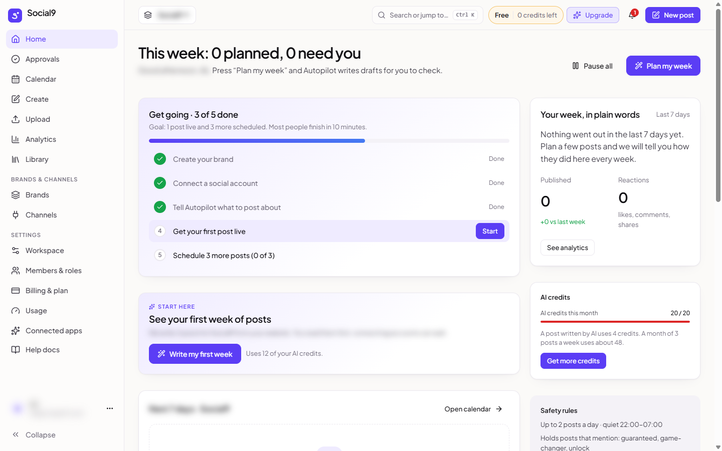 The Social9 home screen: this week at a glance and the Get going checklist