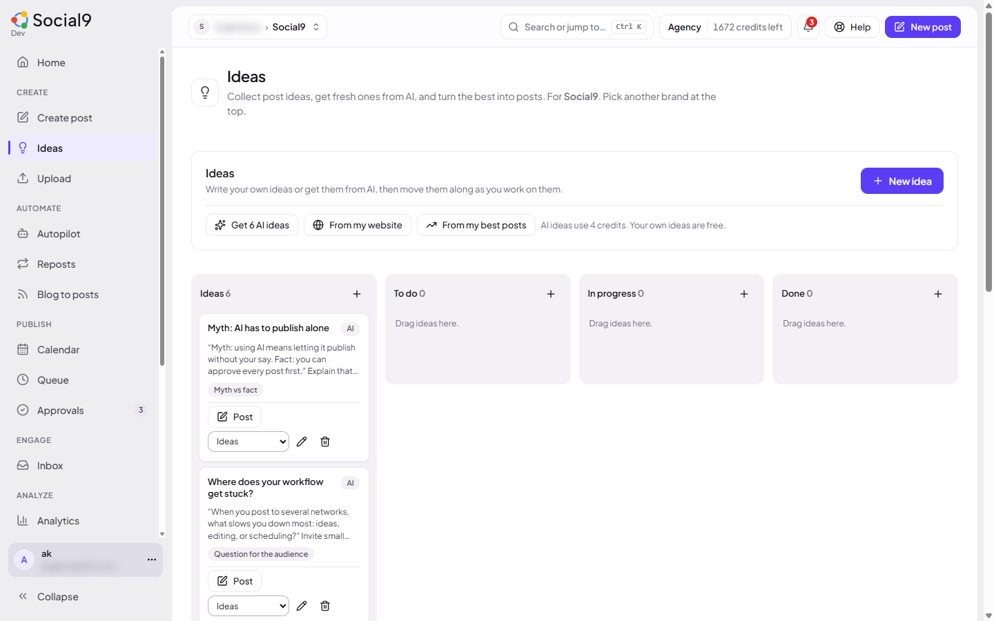 The Ideas page: columns for Ideas, To do, In progress and Done