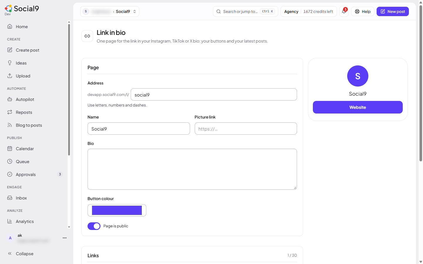 The Link in bio editor with the page settings on the left and a live preview on the right