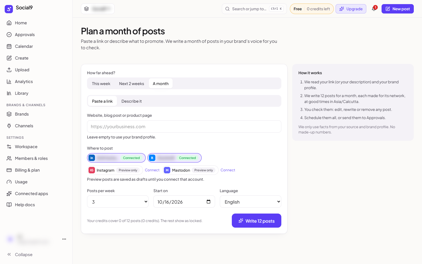 Plan many: pick how far ahead, paste a link or describe it, and where to post