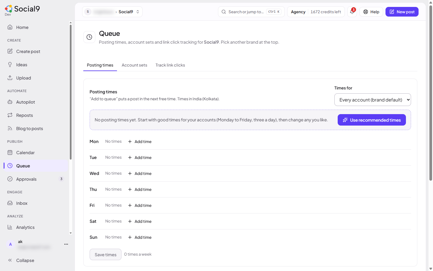 The Queue page with the Posting times tab open