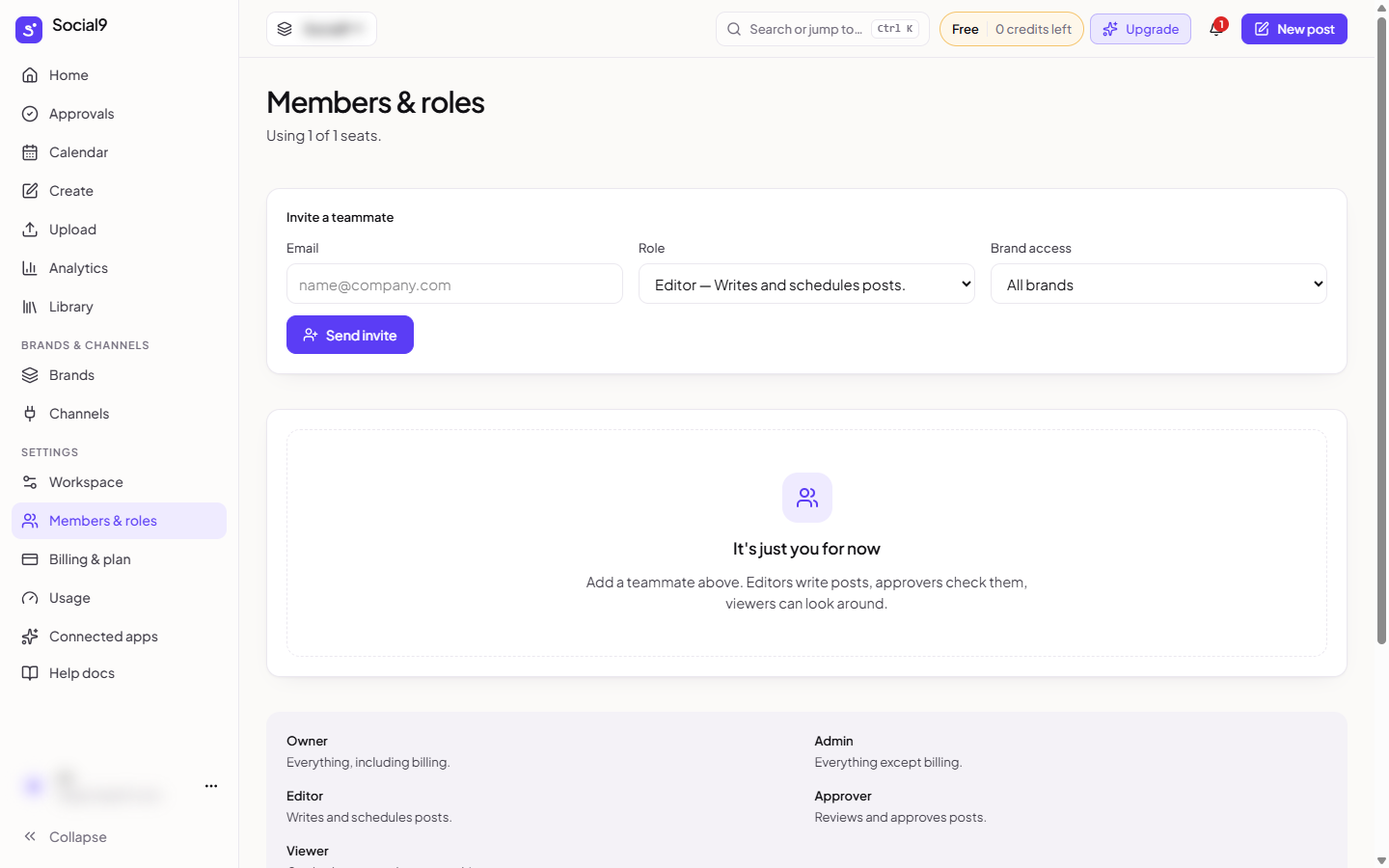 Members & roles: invite a teammate and choose their role and brands