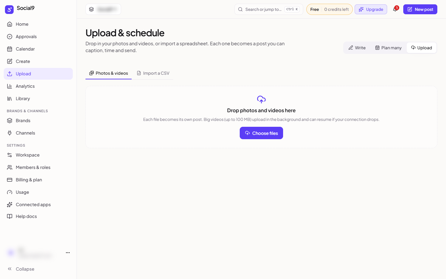 Upload & schedule: drop photos and videos or import a CSV
