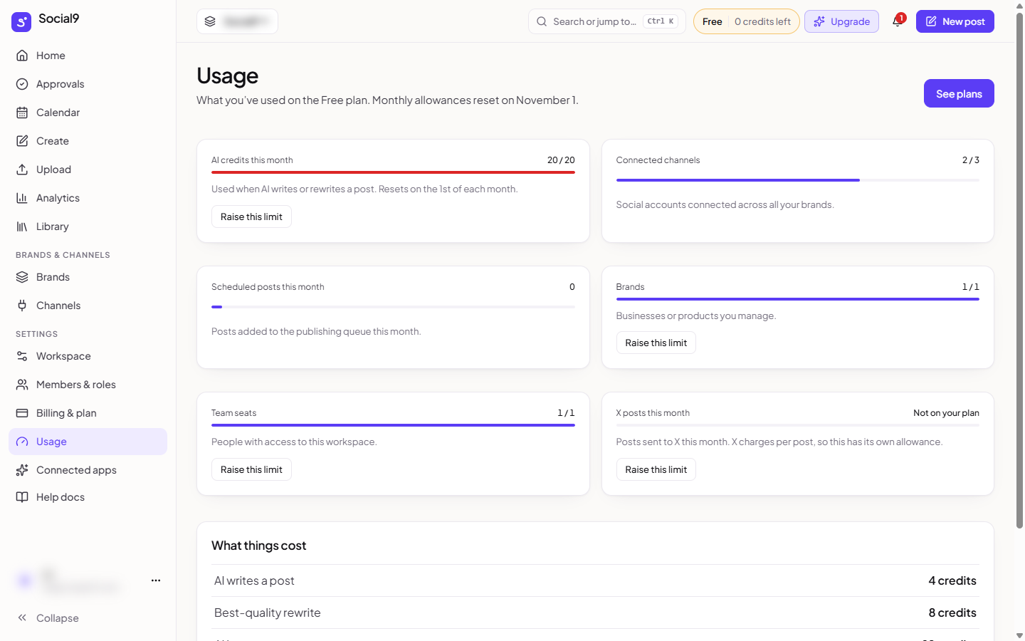 The Usage page with each allowance and what things cost