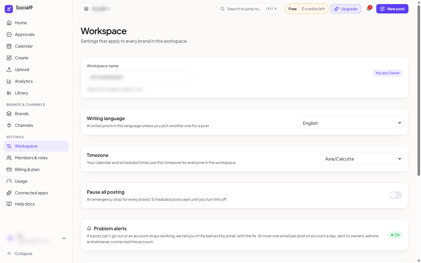 Workspace settings: name, writing language, timezone and pause all posting